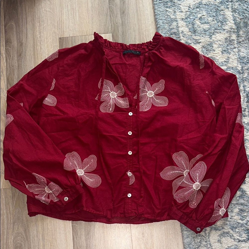 Zara Red Floral Button-Up Blouse